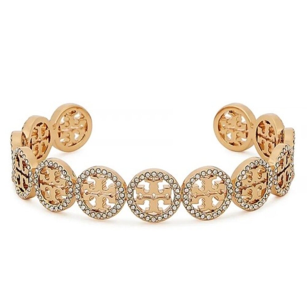 TORY BURCH Frozen Logo Cuff Bracelet Gold Tone with Crystals